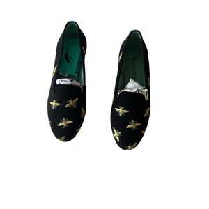 Blue Bird Black Velvet Yellow Bee Print Leather Sole Loafers